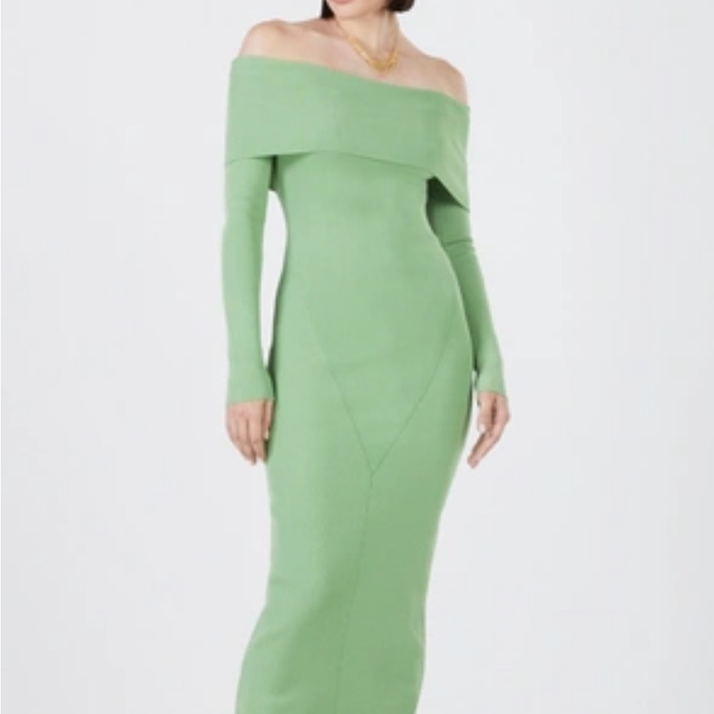 BCBGMaxazria off the shoulder midi dress